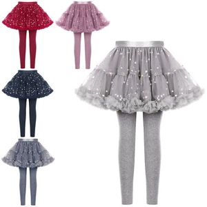 Kids Girls Ruffle Tutu Pants with Skirt Sparkle Solid Pantskirt Footless Culotte - Picture 1 of 27