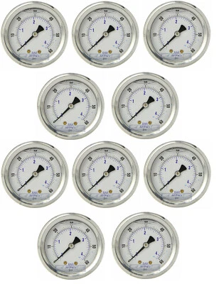 10 PACK LIQUID FILLED PRESSURE GAUGE 0-60 PSI, 2" FACE, 1/4" BACK MOUNT - Image 1 of 3