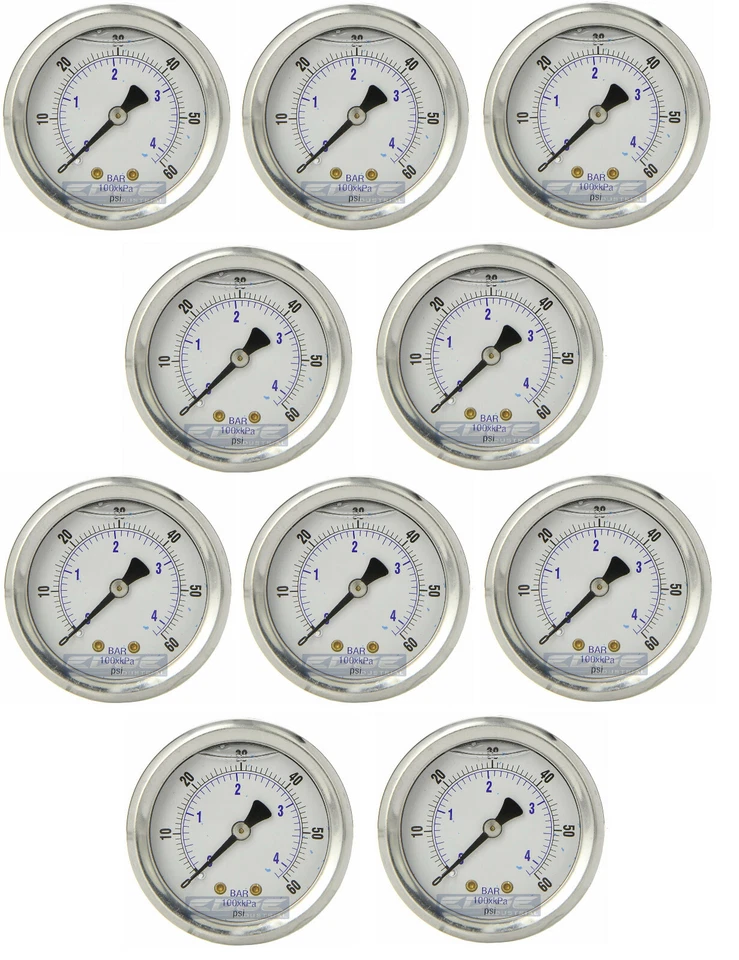 10 PACK LIQUID FILLED PRESSURE GAUGE 0-60 PSI, 2" FACE, 1/4" BACK MOUNT - Image 1 of 3