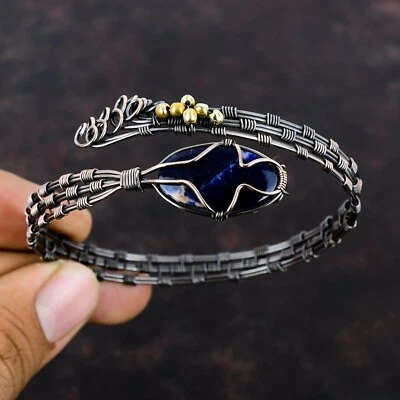 Natural Sodalite Gemstone Bangle Wire Wrapped Adjustable Unknown Copper Jewelry - Image 1 of 4