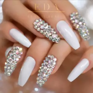 White 3D Crystal Press On Nails Extra Long Coffin Ballerina Glue On Fake Nails - Picture 1 of 4