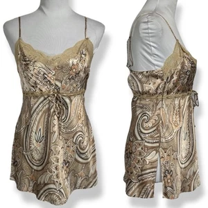 Y2K 90s Long Silk Cami Top Tunic Size M Gold Lace Babydoll Neutral Fairy Vintage - Picture 1 of 14
