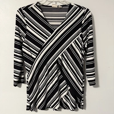 Blusa Pullover Chico's Top Para Mujer 2 L Negra Blanca Rayas Capas Cruzada Foto 1 de 4