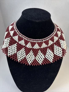 Vtg Beaded White & Maroon Collar Necklace. - Picture 1 of 4