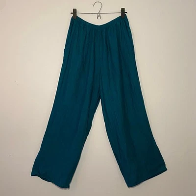 Pantalones FLAX Azul Pierna Ancha 100% Lino Minimalista Lagenlook Para Mujer Talla Pequeña Foto 1 de 4