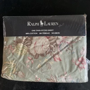 Lenzuolo con angoli vintage Ralph Lauren 'Charlotte IV', verde salvia floreale NOS - Foto 1 di 3