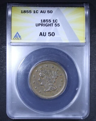 Centavo grande cabello trenzado 1855 (55 vertical) - 1c ANACS AU50 Foto 1 de 4