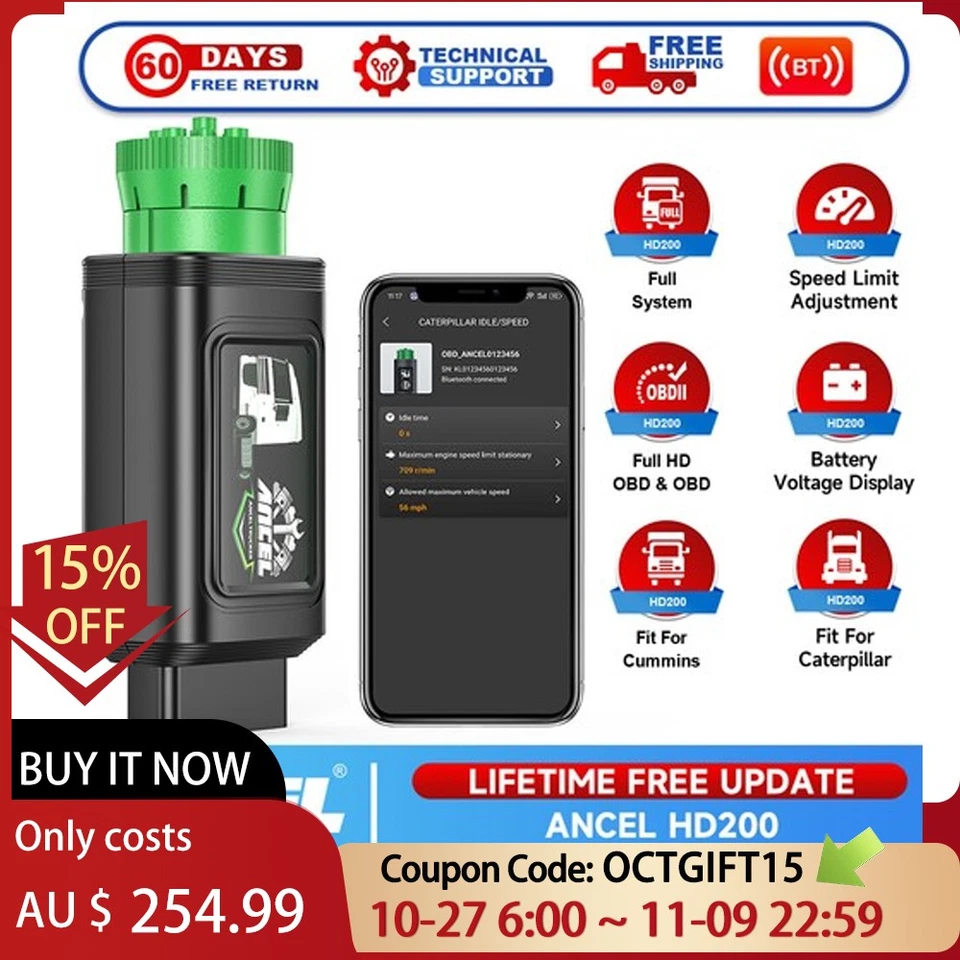 ANCEL HD200 Full System HD Truck Scanner Speed Limit Reset for Cummins + CAT - image 1 of 4