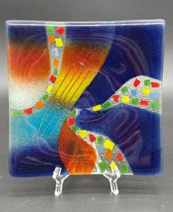 Posacenere vintage 7 3/4" quadrato multicolore vetro artistico macchie colorate - Foto 1 di 7