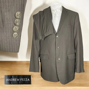 Andrew Fezza 2 Piece Suit Mens 44L 38x32 Brown Striped Polyester Three Buttons - Picture 1 of 14