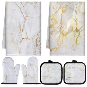 6 Pcs Farmhouse Marble Kitchen Towels Pot Holders Oven Mitts Set 2 Dish Towel... - Picture 1 of 7