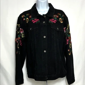 Gianni Bini Black Denim Jacket with Floral Embroidery Women’s Size Large - Picture 1 of 7