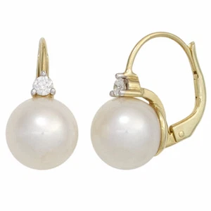 Orecchini Bottoni Con Perle D'Acqua Dolce & Brillanti 585 Oro, Donna - Picture 1 of 1