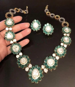 Natural Moissanite Diamond Polki With Emerald Quartz Handmade Wedding Necklace - Picture 1 of 1