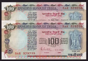India 100 Rupees Banknote 1985 Signature Malhotra P-86c Consecutive Pair - Picture 1 of 2