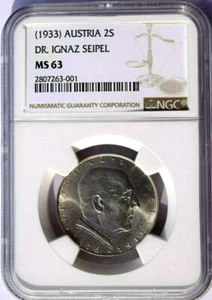 1933 Austria 2 Schillings, NGC MS 63, KM-2849, Ignaz Seipel - Picture 1 of 3