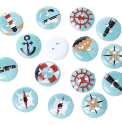 10 Holzknöpfen 15mm Maritim Anker  Turm Buben Scrapbooking basteln Knopf Nähen - Bild 1 von 3