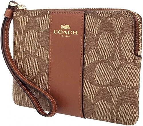*NUOVO CON ETICHETTE* Bracciale Coach Signature rivestito in tela e pelle con cerniera angolare