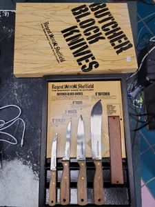 Regent Sheffield Cutlery Butcher Block Knives 4 Knife Set w/ Wall Rack Boner - Picture 1 of 8