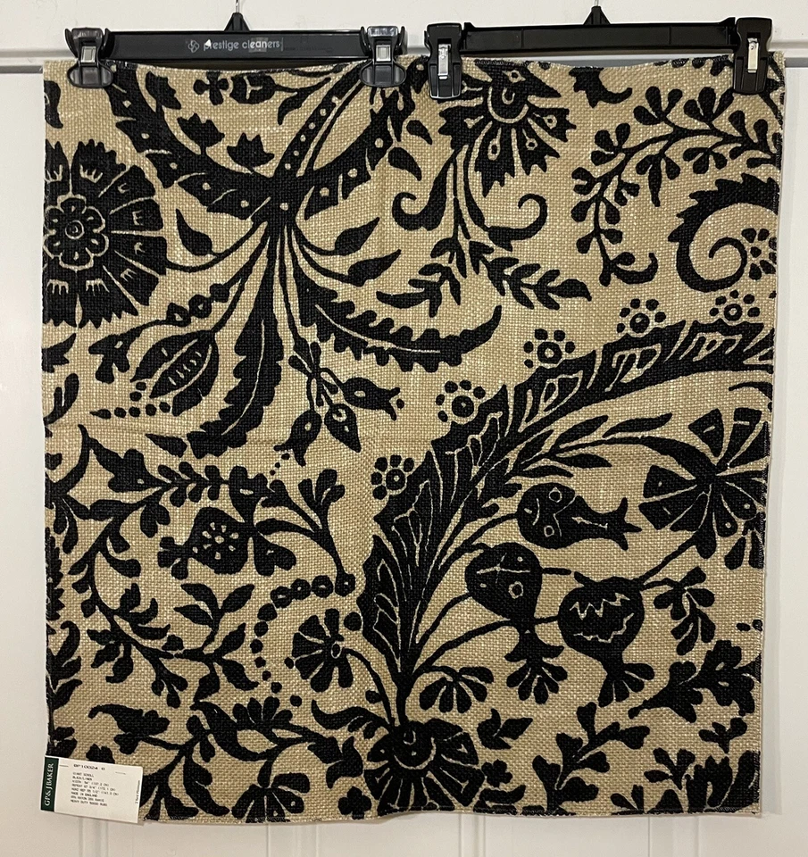 GP & J Baker Lee Jofa Giant Scroll Fabric Rayon/Ramie Black & Tan Jute 26” Sq - Image 1 of 4