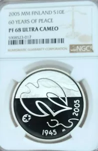 2005 FINLAND SILVER 10 EURO S10E 60 YEARS OF PEACE NGC PF 68 ULTRA CAMEO - Picture 1 of 4
