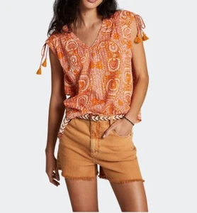 Anthropologie Terra geraffte Bluse orange Paisleymuster ärmellos Small - Bild 1 von 15