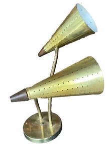 Mid Century Desk Lamp Two Cone Shades, Flexible Posts, Gold Tone - Picture 1 of 11