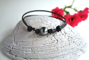 UNISEX Tahitian Pearl on Leather Adjustable Bracelet Elegant Pearl Jewelry Gift - Picture 1 of 8