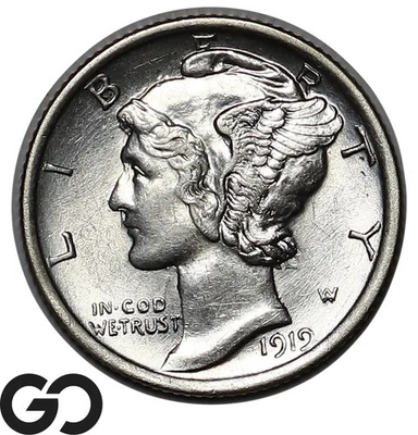 Moneda de diez centavos Mercury 1919, bandas divididas completas, gema blanca BU++ FSB Foto 1 de 3