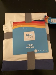 Aldi Gear T-Shirt Unisex Small White Color Block Crew Neck Relaxed Fit Logo New - Picture 1 of 7