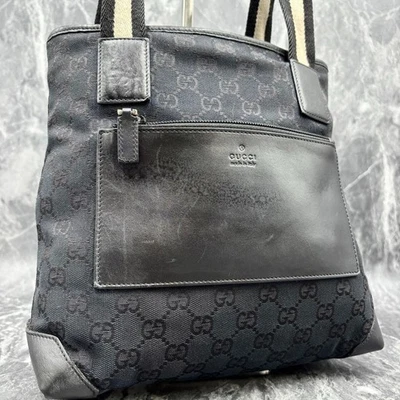 GUCCI 019.0402.1705 Sherry Line GG Tote Bag Leather Canvas Black White Logo - Image 1 of 4