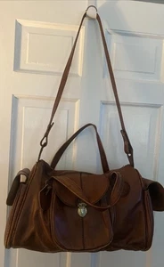 Vintage Land Brown Leather Weekender Travel Duffle Carry On 15.5” X 7.5” 3 Strap - Picture 1 of 20