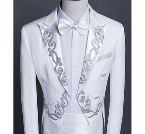 Ethereal White Tuxedo Suit with Silver Embroidery and Satin Lapel Detailing - Picture 1 of 5