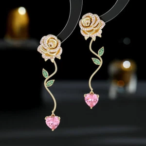 Exquisitos pendientes colgantes de cristal de circón con forma de flor rosa brillante 62x16 mm - Imagen 1 de 5