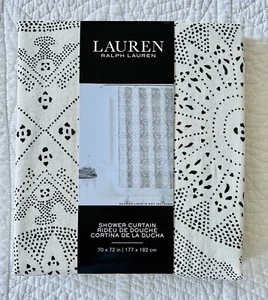 Neu mit Etikett Ralph Lauren Duschvorhang Baumwolle cremeweiß schwarz abstraktes Design - Bild 1 von 2