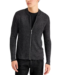 INC Men's Cardigan Sweater Size Large Black Silver Metallic Ribbed-Knit Full-Zip - Picture 1 of 9