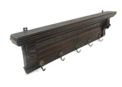 Hand Carved Wood Oak Coat Hat Kitchen Hallway Rack Ornate Lion Heads WOW XL - Image 1 of 4