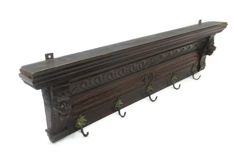 Hand Carved Wood Oak Coat Hat Kitchen Hallway Rack Ornate Lion Heads WOW XL Cover