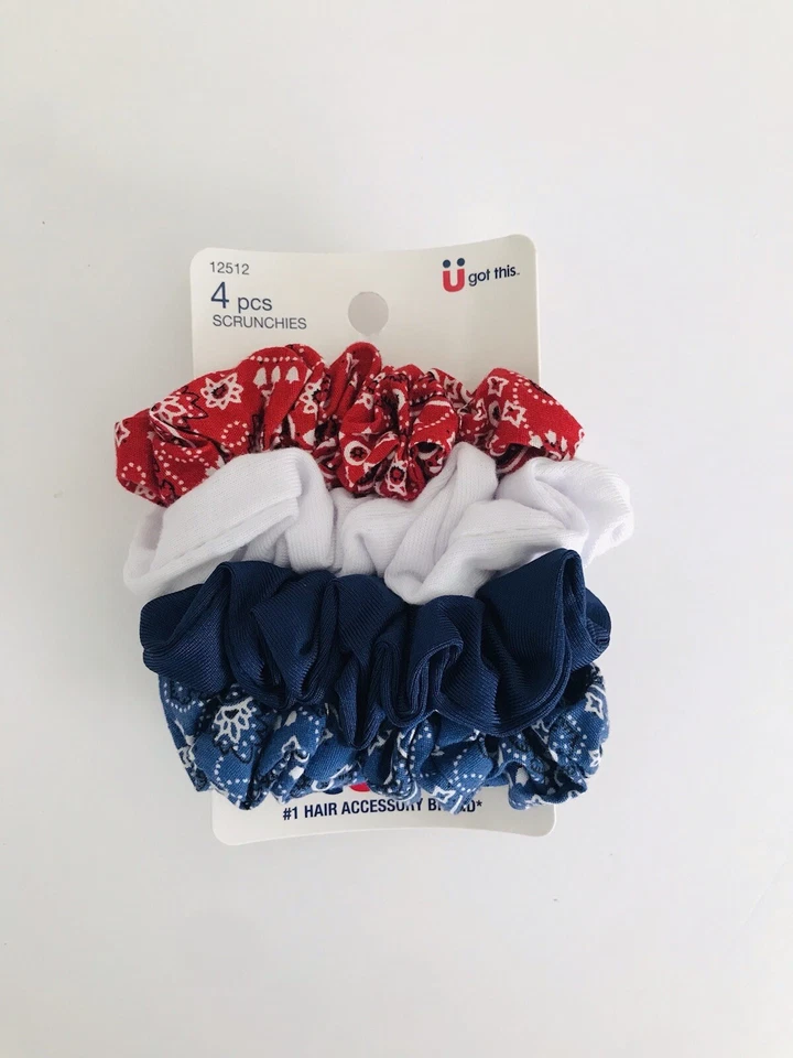 Scunci Hair Accessories 4 pc Scrunchie Medium Red/White/Blue Printed 12512 - Image 1 of 2