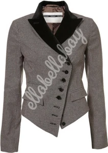 TOPSHOP Premium Tweed Check Velvet Collar Asymmetric Button Vintage Blazer UK12 - Picture 1 of 11