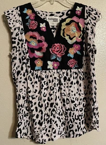 Savanna Jane S Grace Embroidered Top W/Flutter Slv Leopard Black Cream - Picture 1 of 6