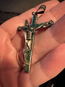 Ciondolo croce astratta crocifisso malachite vintage argento sterling MESSICO TAXCO - Foto 1 di 9