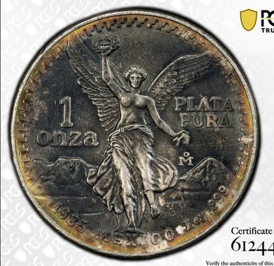 Mo México 1985 1 Onza Plata Libertad MS66 PCGS Escudo Dorado Hermoso Tono Foto 1 de 4