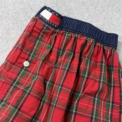 Tommy Hilfiger 复古男式格子平角裤红色绿色棉质睡眠短裤 L 码 Y2K — 第 1/4 张图片