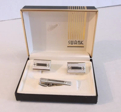 Clip de corbata y gemelos SWANK tono plata vintage con caja Foto 1 de 4