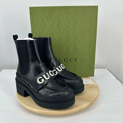 Botas de cuero Gucci Ornella para mujer con logotipo plataforma Chelsea negras talla 8 preppy Foto 1 de 4
