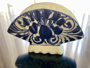 Cobalt Blue Talavera Hand Painted Art Pottery Fluted Fan Napkin Holder - Picture 1 of 8