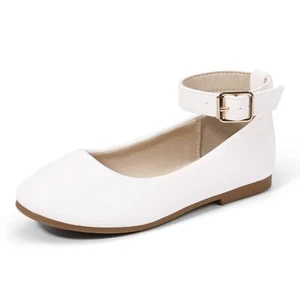 Girls Dress Shoes Wedding Party School White Pu Ankle Strap Ballet Flats Shoe... - Picture 1 of 7