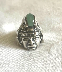 HANDMADE MANS AZTEC RING W/JADE STERLING SIGNED CHARACTER FACE SIZE 10 - Picture 1 of 10