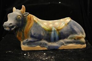 30 cm China Tang Sancai Porcelain cattle Statue Pottery animal sculpture